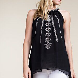 new VOCAL TUNIC blouse TANK TOP black gorgeous SM-XL SHIRT embroidered detail